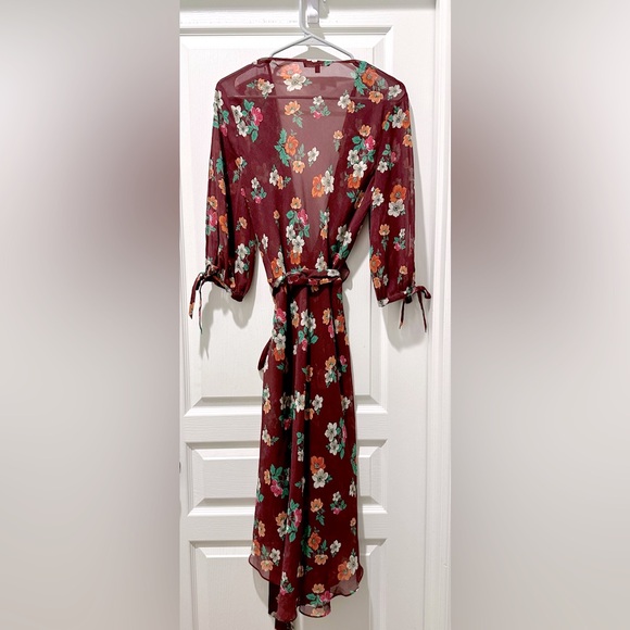 Maje Reselia Burgundy Sheer Floral Chiffon Ruffle Midi Self Tie Wrap Dress - Picture 6 of 12
